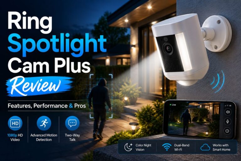 Ring Spotlight Cam Plus review feature image showing a smart outdoor security camera with spotlight illumination and modern home security setup.