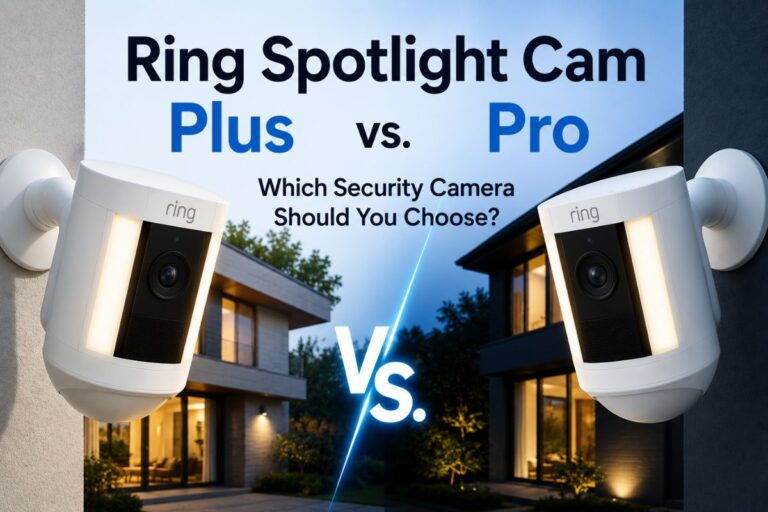 Ring Spotlight Cam Plus vs Pro comparison feature image showing two smart outdoor security cameras mounted on modern homes with a dramatic day-versus-night background and bold comparison headline.
