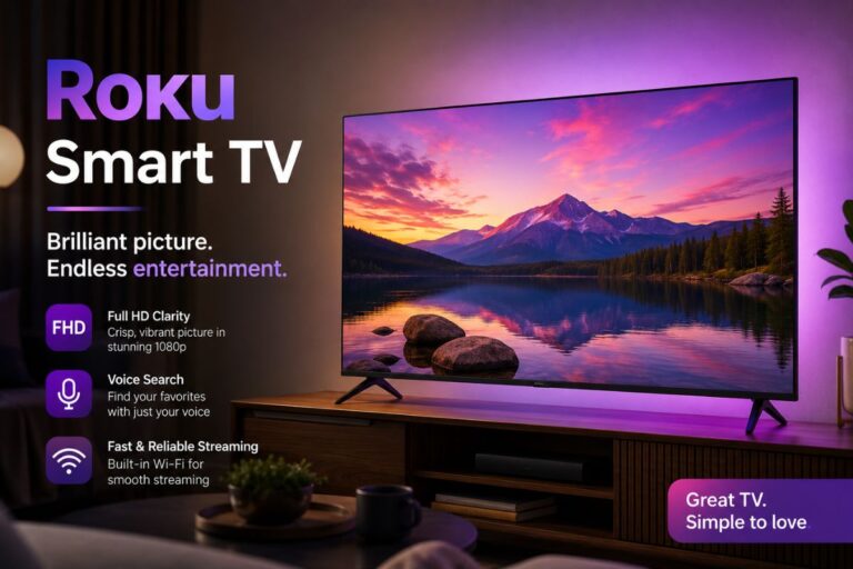 Roku Smart TV 2026 feature image showing a modern 32-inch Full HD smart television in a stylish living room, displaying vibrant scenery with sleek design and smart entertainment features.