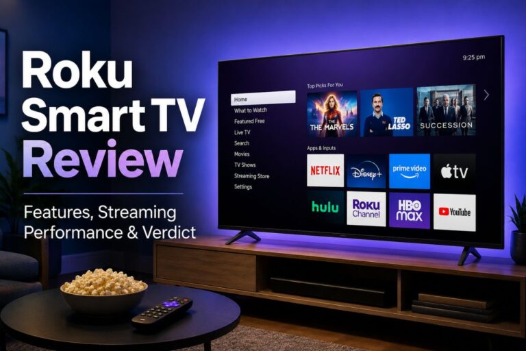 Roku Smart TV Review feature image showing a modern smart television with a streaming interface in a stylish living room, highlighting streaming performance, smart features, and home entertainment experience.