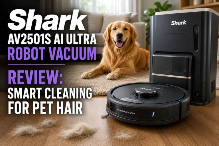 Shark AV2501S AI Ultra Robot Vacuum Review feature image showing a smart robot vacuum with self-empty dock cleaning pet hair in a modern living room with a dog nearby.