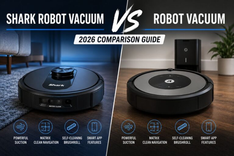 Shark Robot Vacuum vs Roomba feature image comparing two advanced robot vacuums with smart navigation, powerful suction, and app-controlled cleaning in a modern home setting.