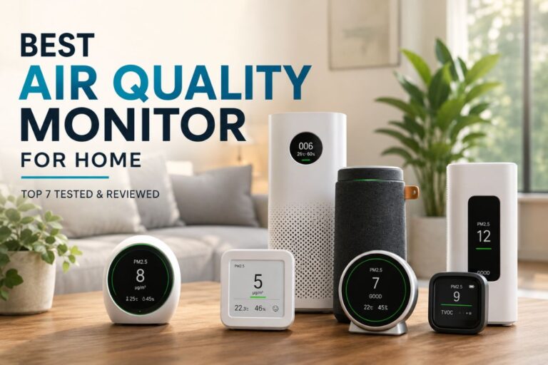 Best Air Quality Monitor for Home comparison featuring multiple modern indoor air quality monitors on a wooden table in a bright living room, showcasing smart sensors for PM2.5, humidity, temperature, and air pollution tracking.
