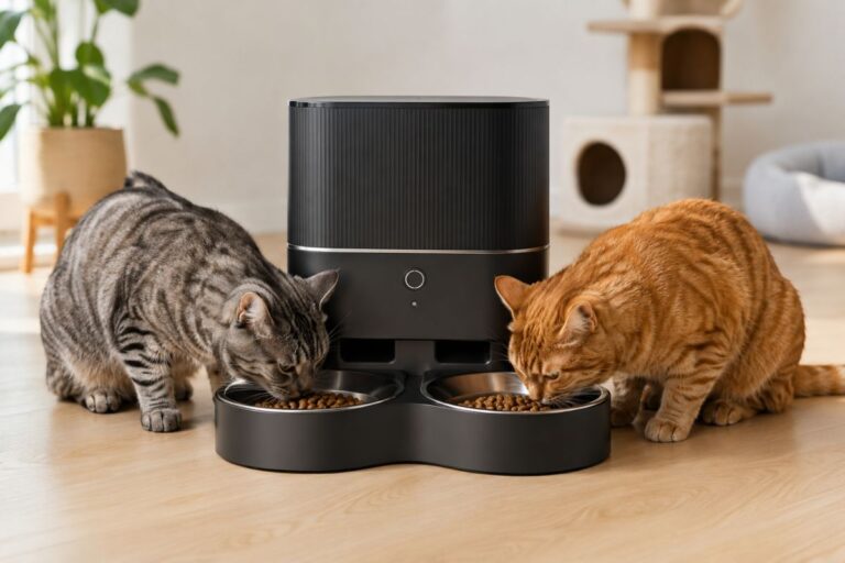 Best Dual Cat Feeder for Multi-Pet Homes – Two cats eating side by side from a modern automatic dual cat feeder in a bright, stylish home with hardwood floors and a cozy pet-friendly background.