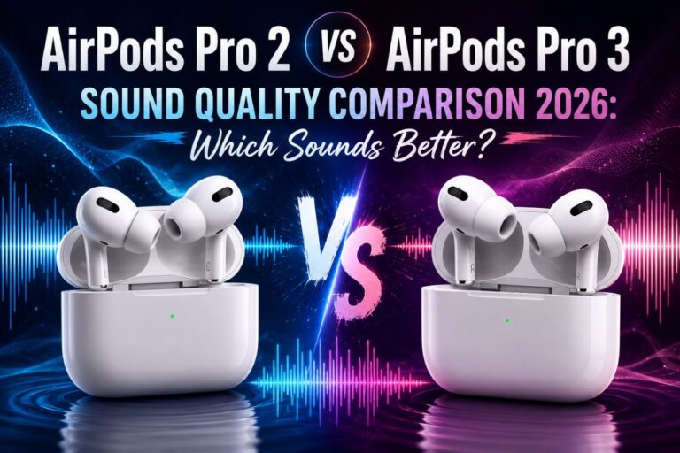 AirPods Pro 2 vs AirPods Pro 3 sound quality comparison showing both earbuds side by side with a VS design, highlighting differences in audio performance, clarity, bass, and overall listening experience.