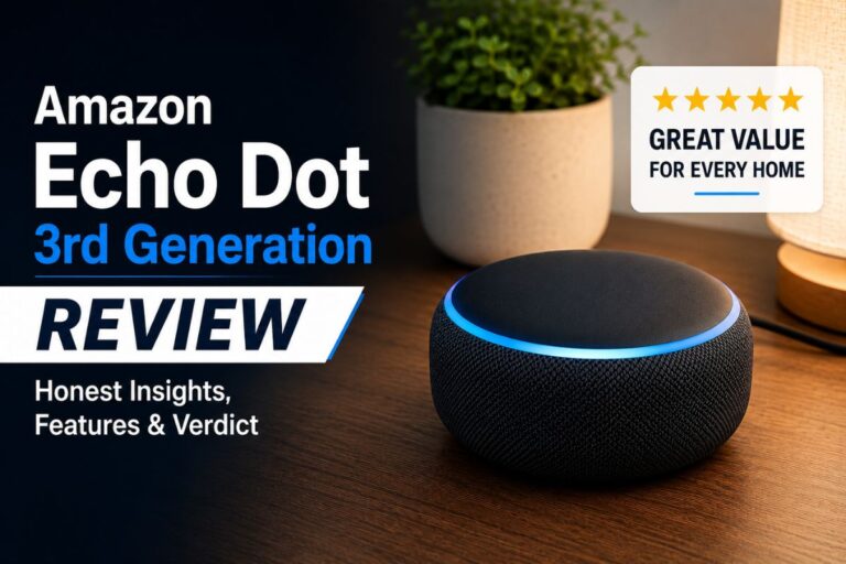Amazon Echo Dot 3rd Generation Review cover image showing the Alexa-enabled smart speaker in a modern home with a clean and professional review layout.