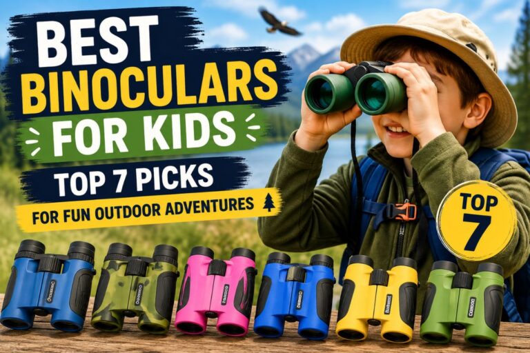 Best Binoculars for Kids displayed with a happy child using binoculars outdoors, featuring colorful kid-friendly binoculars for birdwatching, hiking, camping, and nature adventures.
