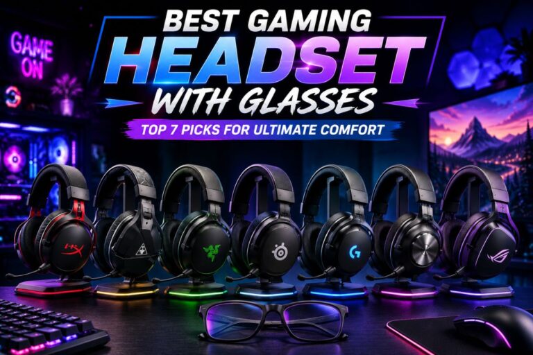 Best Gaming Headset With Glasses featuring seven comfortable over-ear gaming headsets displayed in a colorful RGB gaming setup with eyeglasses in the foreground, highlighting comfort for gamers who wear glasses.