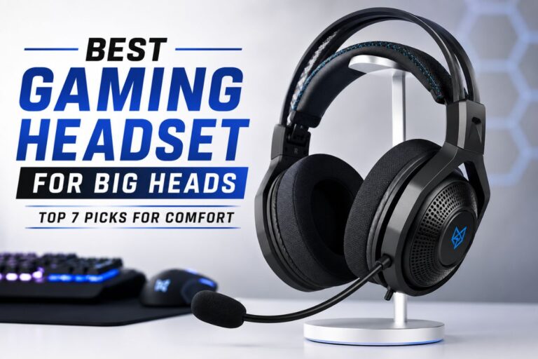 Premium gaming headset with large cushioned ear cups on a stand, featuring the title "Best Gaming Headset for Big Heads: Top 7 Picks for Comfort" against a modern gaming desk background.