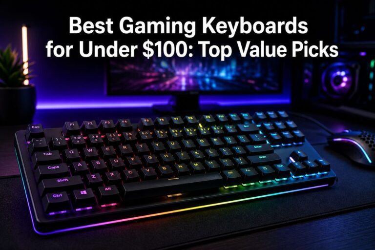 Best Gaming Keyboards for Under $100 featured on a modern RGB mechanical keyboard with colorful backlighting in a premium gaming setup.
