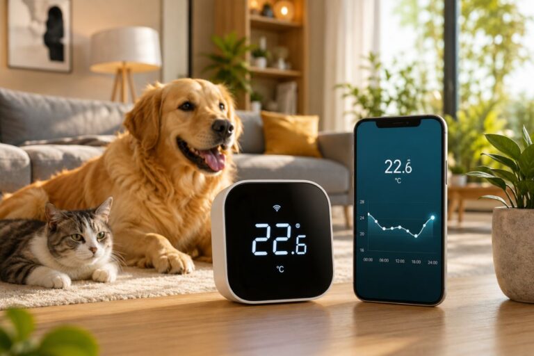 Best Pet Temperature Monitor for Safe Homes – A smart pet temperature monitor and smartphone displaying indoor temperature data in a cozy modern living room with a happy golden retriever and a relaxed cat, creating a safe and comfortable home environment.