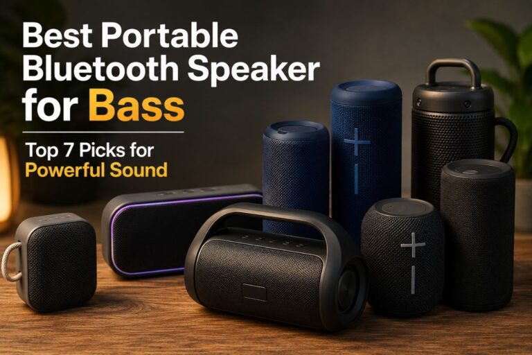 Best Portable Bluetooth Speaker for Bass feature image showing multiple portable Bluetooth speakers on a wooden desk with a modern background, representing the top 7 picks for powerful sound.