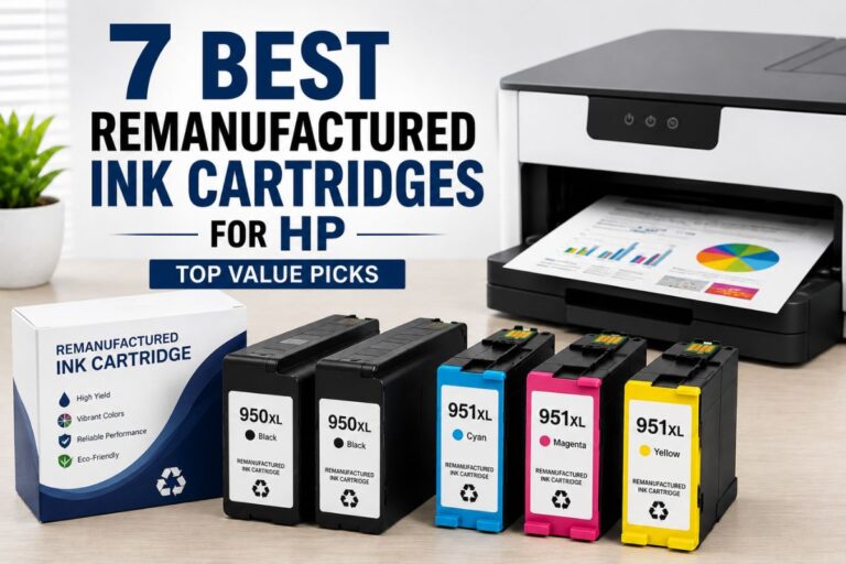 7 best remanufactured ink cartridges for HP displayed beside a modern printer, featuring black, cyan, magenta, and yellow cartridges in a clean office setup.