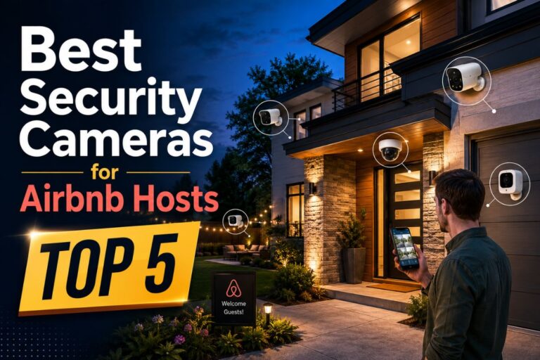 Best Security Cameras for Airbnb Hosts feature image showing a modern vacation rental home with five outdoor security cameras and a host monitoring the property using a smartphone.