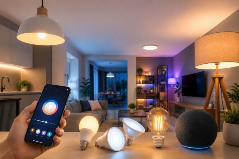 Best Smart Light Bulbs for Alexa feature image showing smart LED bulbs, a smartphone lighting control app, and a modern smart home setup for easy home automation.