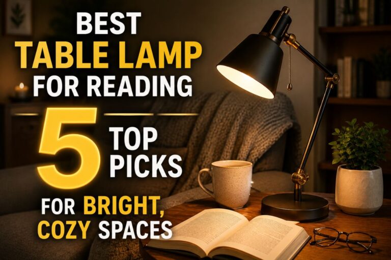 Best Table Lamp for Reading featured in a cozy reading nook with a modern adjustable desk lamp, open book, warm ambient lighting, and a large highlighted Top 5 design.