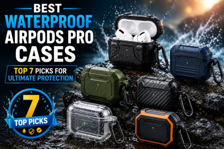Best Waterproof AirPods Pro Cases feature image showcasing seven rugged protective cases with waterproof, shockproof, and dustproof designs in a premium outdoor setting.
