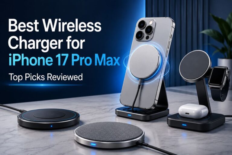 Best Wireless Charger for iPhone 17 Pro Max feature image showing premium magnetic wireless charging pads and a 3-in-1 charging station on a modern desk with a sleek smartphone and blue glowing charging effect.