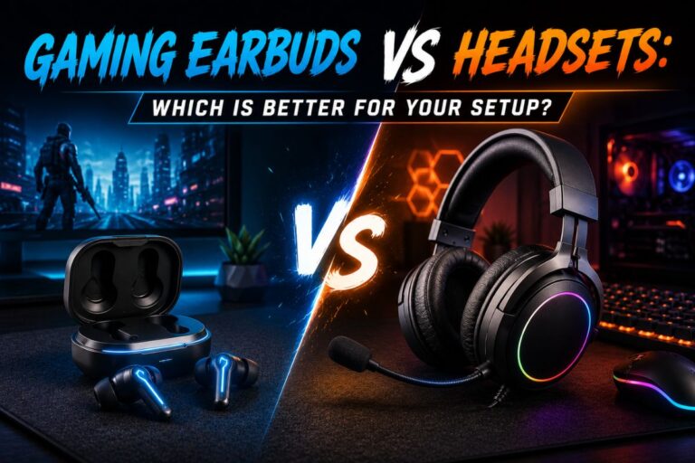Gaming Earbuds vs Headsets comparison showing wireless gaming earbuds and an over-ear gaming headset on a modern RGB gaming desk setup.