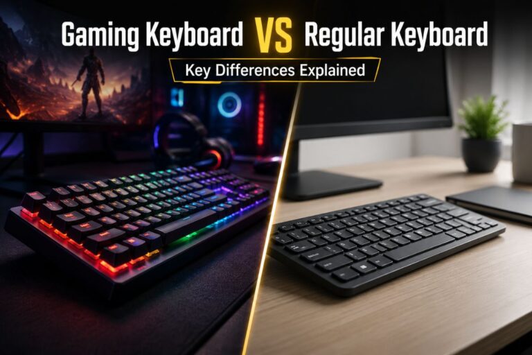 Gaming Keyboard vs Regular Keyboard comparison featuring an RGB mechanical gaming keyboard beside a standard office keyboard in a split-screen setup, highlighting the key differences in design, performance, and everyday use.