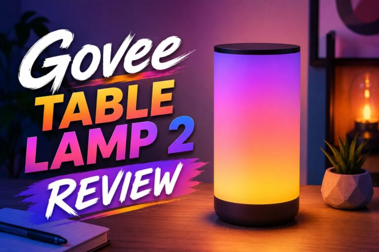 Govee Table Lamp 2 review featuring a modern RGB smart table lamp with colorful ambient lighting on a stylish desk in a cozy home setup.