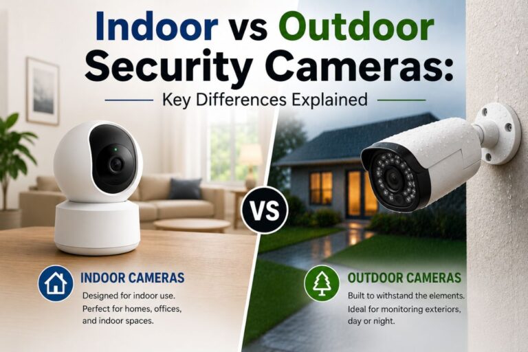 Indoor vs outdoor security cameras comparison showing an indoor Wi-Fi camera in a living room and a weatherproof outdoor camera mounted outside a house.