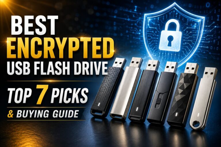 Best Encrypted USB Flash Drive feature image showing several sleek, unbranded secure USB flash drives with a glowing digital shield and padlock on a modern blue cybersecurity background.