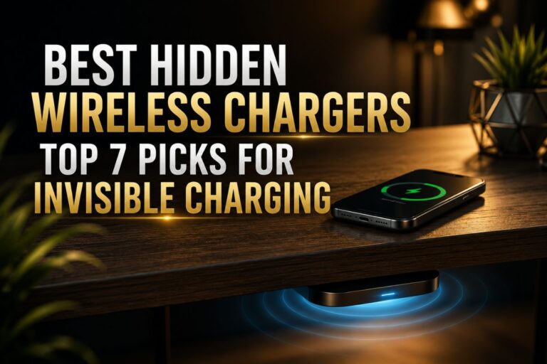 Best Hidden Wireless Chargers feature image showing a smartphone wirelessly charging on a modern wooden desk with a hidden under-desk wireless charger, dark premium workspace, and cinematic lighting.