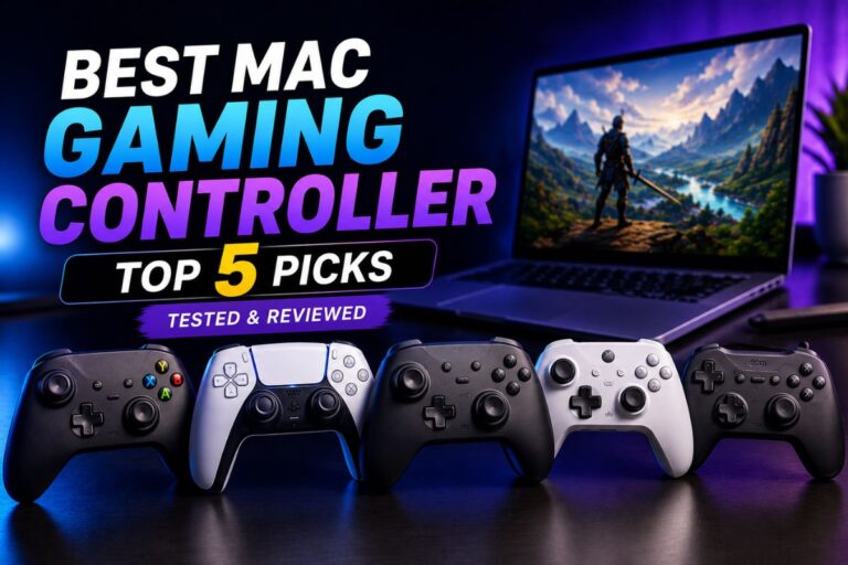 Best Mac Gaming Controller feature image showing five premium wireless gaming controllers in front of a sleek laptop with a colorful gaming background, highlighting top Mac-compatible controller options for gaming enthusiasts.