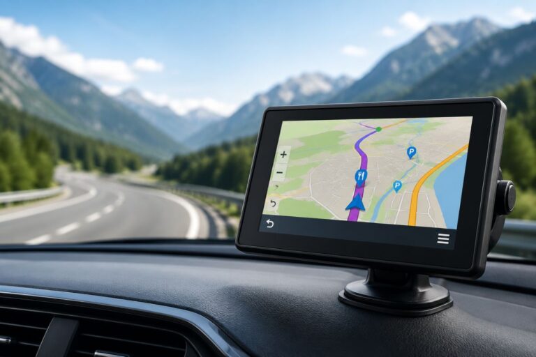 Garmin Drive™ 53 GPS Navigator mounted on a car dashboard displaying turn-by-turn navigation with a scenic highway in the background.