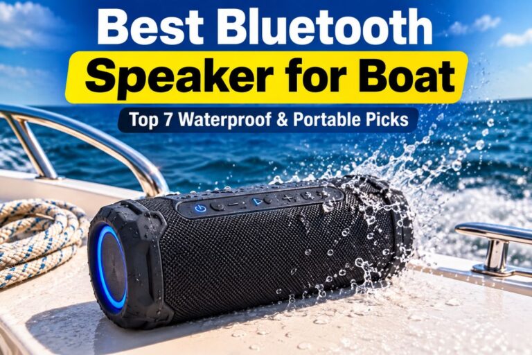 Best Bluetooth speaker for boat with waterproof portable speaker on a boat deck by the ocean.