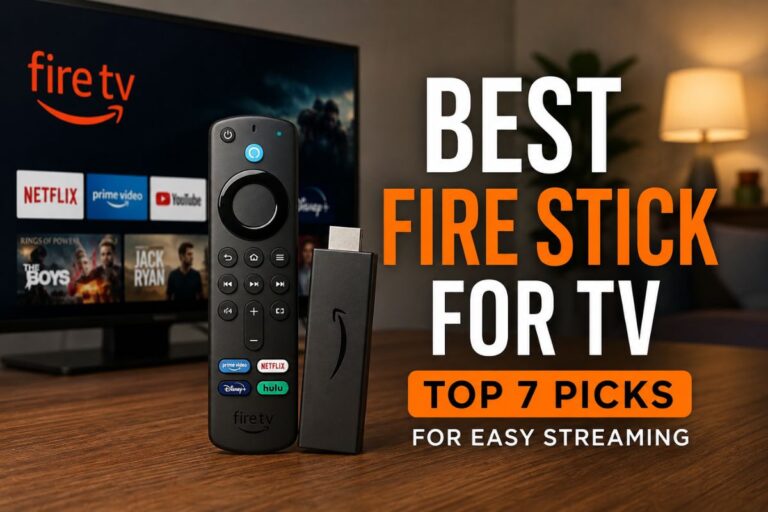 Best Fire Stick for TV feature image showing a Fire TV Stick, remote control, and smart TV streaming interface in a modern living room setup.