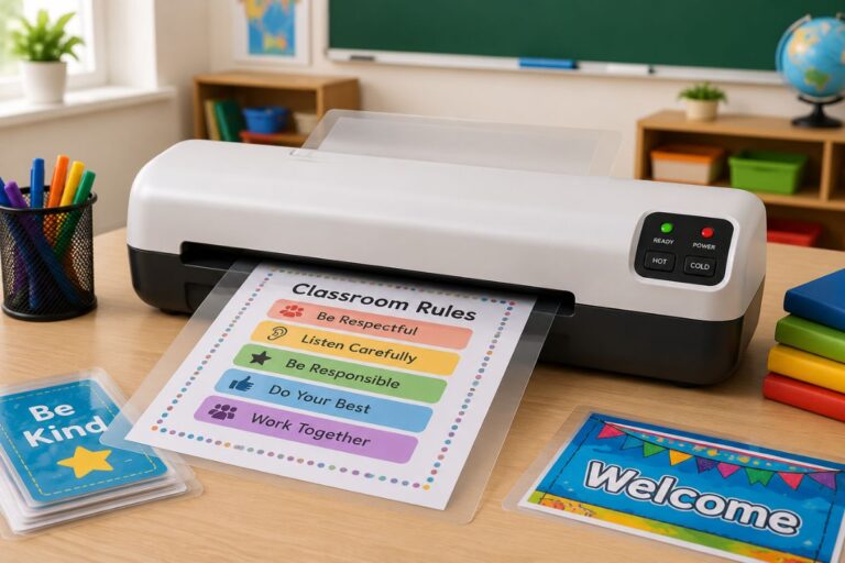 Laminating machine for schools on a classroom desk, laminating a colorful classroom jobs worksheet.