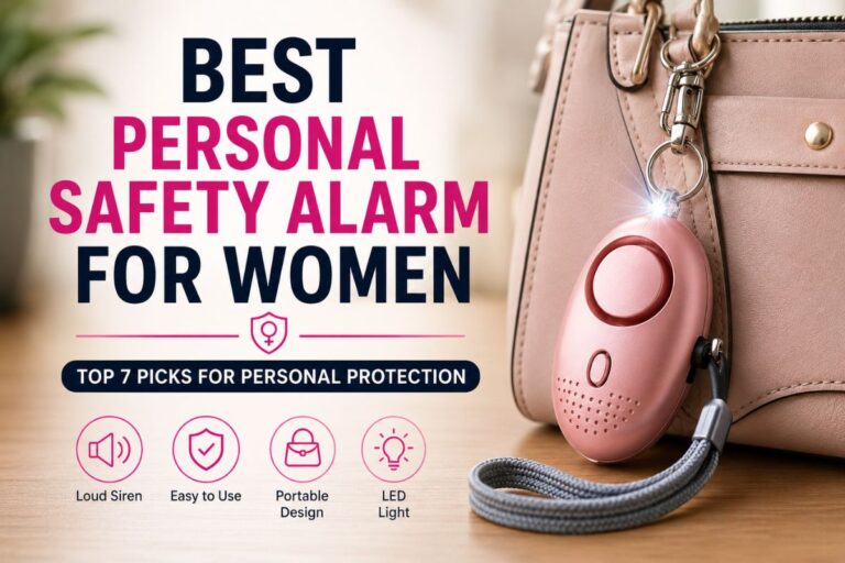 Best personal safety alarm for women featuring a compact pink alarm attached to a handbag, highlighting portable personal protection.