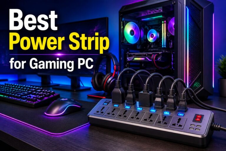 Best Power Strip for Gaming PC displayed with a premium surge protector on a modern RGB gaming desk featuring a desktop PC, monitor, keyboard, and gaming accessories.