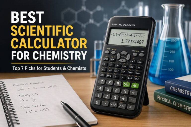 Best scientific calculator for chemistry with chemistry formulas, lab glassware, and study materials on a desk.