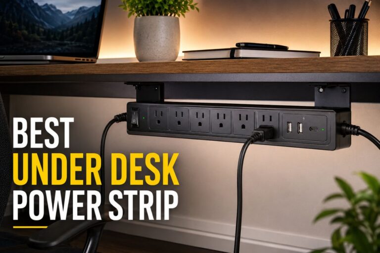 Best under desk power strip mounted beneath a wooden desk with multiple outlets and USB charging ports for workspace organization.