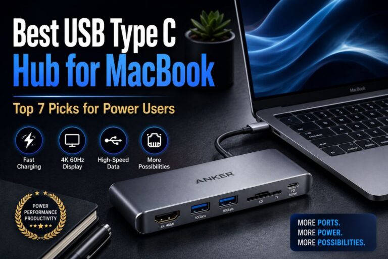 Best USB Type C Hub for MacBook feature image showing a USB-C hub connected to a MacBook with multiple ports, including HDMI, USB-A, SD card, and 100W Power Delivery, on a modern workspace.