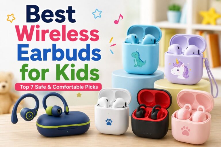 Best wireless earbuds for kids featuring colorful, safe and comfortable earbuds with charging cases.
