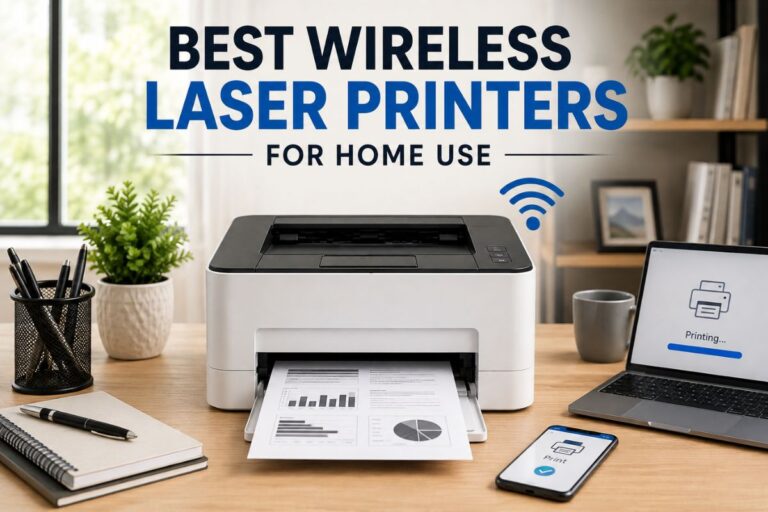 Best wireless laser printers for home use on a modern home office desk, featuring a compact Wi-Fi laser printer printing documents.