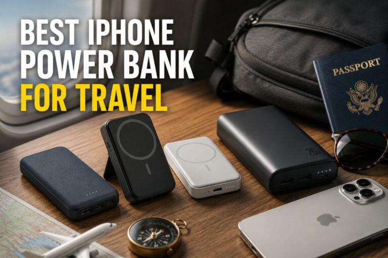 Best iPhone power bank for travel featuring portable chargers, magnetic power banks, and an iPhone on a travel setup.