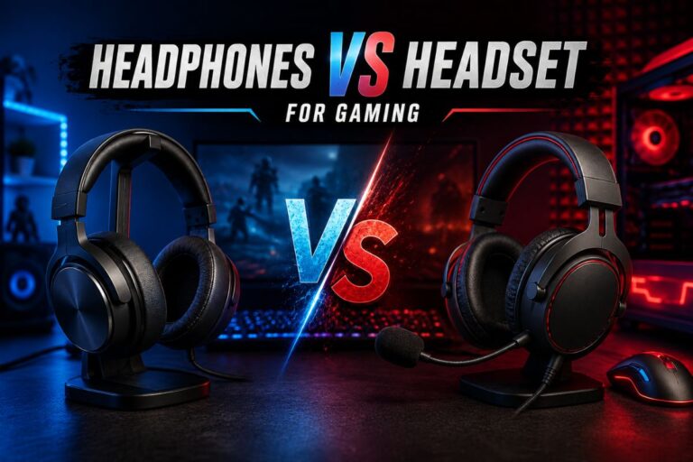 Headphones vs Headset for Gaming comparison featuring wireless headphones and a gaming headset with microphone in an RGB gaming setup.