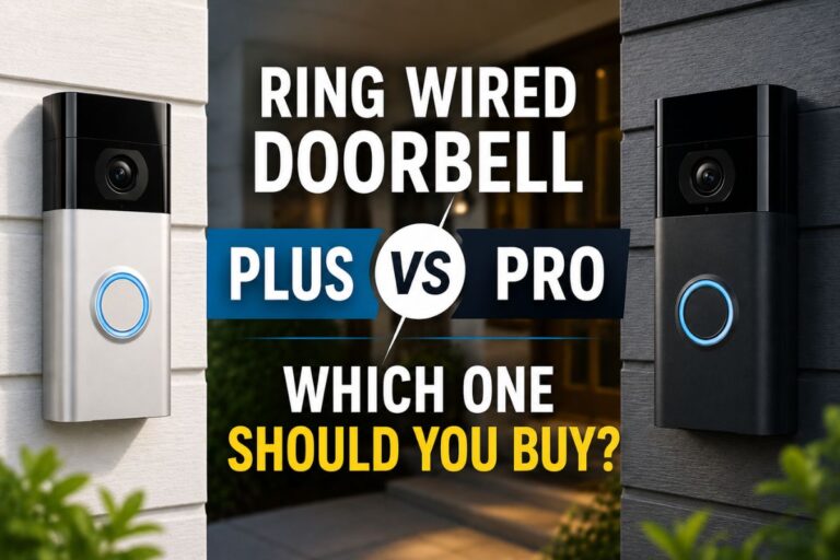 Ring Wired Doorbell Plus vs Pro comparison showing two wired video doorbells mounted on contrasting home exteriors.