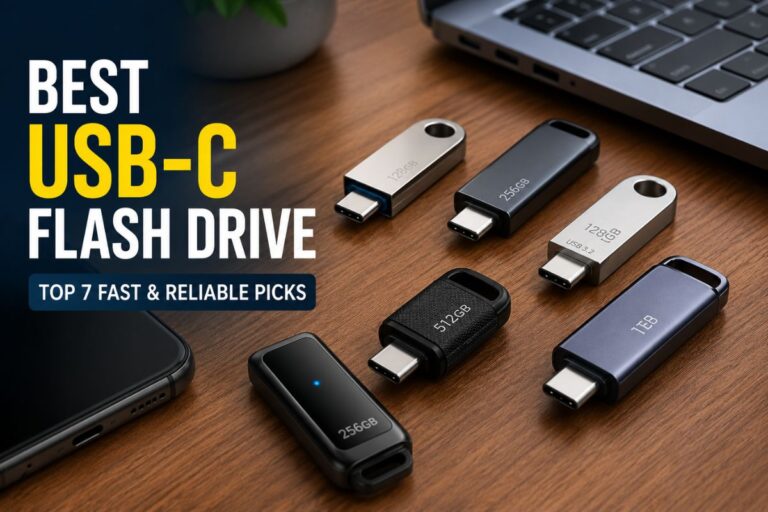 USB C flash drives in various modern designs on a light wood desk beside a laptop and smartphone